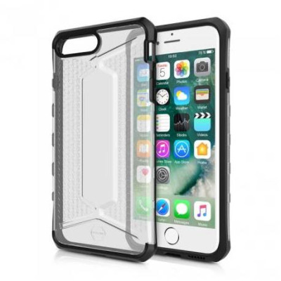 Przezroczyste etui iTskins Octane do iPhone 7 Plus z czarną ramką, ukazane obok smartfona z włączonym ekranem głównym systemu iOS i ikonami aplikacji.