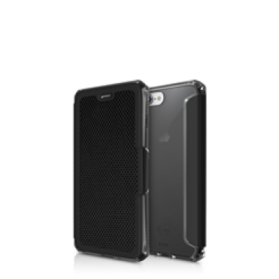 Czarne etui iTskins Spectra Fit do iPhone 7 Plus z ażurową fakturą na pleckach, ukazane w widoku z przodu oraz z tyłu z prześwitującym logo Apple.