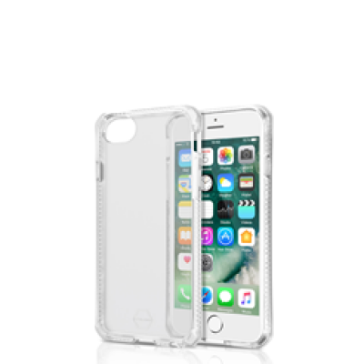 Przezroczyste etui ochronne iTskins Spina do iPhone 7 Plus ustawione obok telefonu z widocznym ekranem głównym systemu iOS i ikonami aplikacji na białym tle.