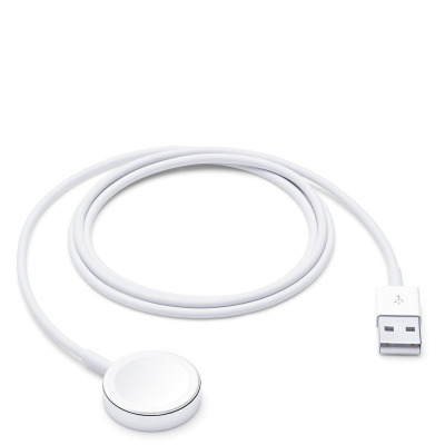 Oryginalny biały przewód Apple do ładowania magnetycznego Apple Watch o długości 1 metra z okrągłą końcówką ładującą i wtykiem USB-A na końcu kabla.