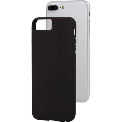 Czarne etui Case-Mate Barely There na iPhone 6s Plus, 7 Plus i 8 Plus, ukazujące tył z wycięciem na podwójny aparat oraz przód telefonu z włączonym ekranem.