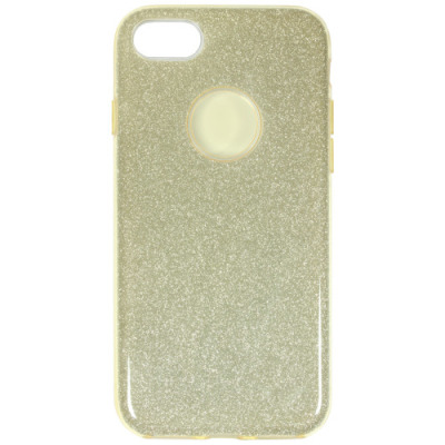 Złote etui eStuff Sparkle do iPhone 7, 8 oraz SE 2020 z brokatową fakturą, widocznym wycięciem na aparat oraz centralnym otworem na logo Apple.