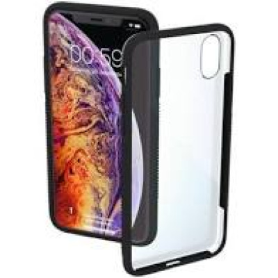 Przezroczyste etui Hama ShockProof do iPhone X z czarną ramką ochronną, zestawione obok smartfona z widocznym kolorowym wyświetlaczem i godziną 00:59.