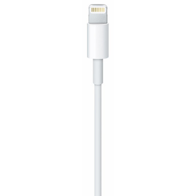 Biały przewód Apple Lightning do USB z widocznymi końcówkami złącz, przeznaczony do ładowania oraz synchronizacji danych urządzeń iPhone oraz iPad.