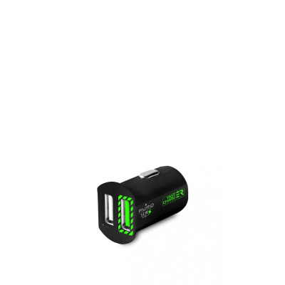 Czarna ładowarka samochodowa Puro z dwoma portami USB, oznaczona logo marki oraz napisem Fast Charger Technology 12W 2.4A, widoczna w ujęciu izometrycznym.