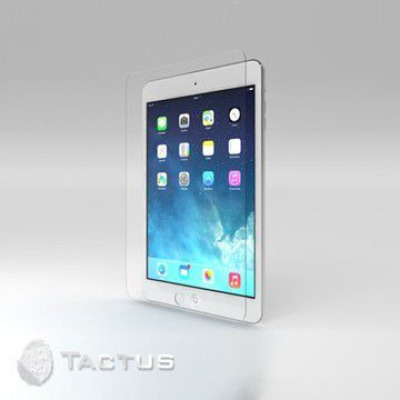 Przezroczyste szkło ochronne VitriFender nałożone na białego iPada mini z widocznym interfejsem systemu iOS, ujęcie w perspektywie z logotypem Tactus.