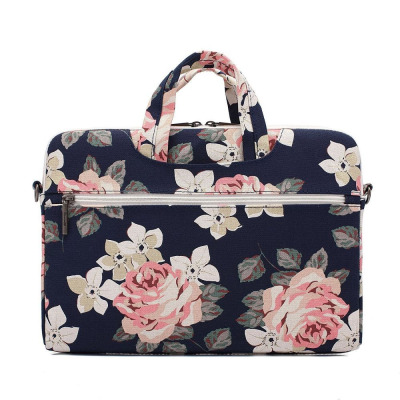 Torba na laptopa Canvaslife Briefcase w granatowym kolorze z motywem różowych kwiatów, wyposażona w uchwyty oraz zamek błyskawiczny do MacBook Pro 15.