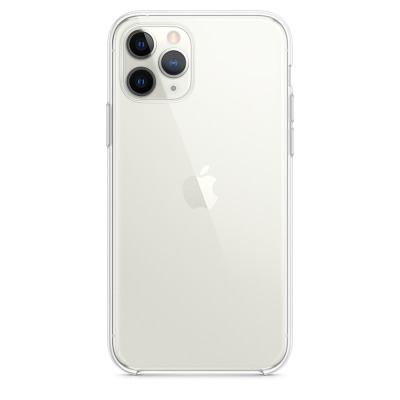 Przezroczyste etui Apple Clear Case na iPhone 11 Pro, ukazujące tył urządzenia z charakterystyczną potrójną wyspą aparatów oraz logo Apple na środku obudowy.
