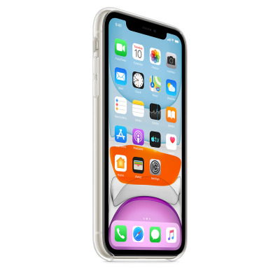 Przezroczyste etui Apple Clear Case na iPhone 11, widok z profilu prezentujący smukły design oraz dostęp do przycisków głośności na krawędzi urządzenia.