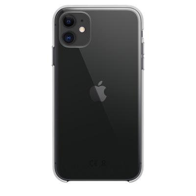 Przezroczyste etui Apple Clear Case na jasnofioletowym iPhone 11, ukazujące tył urządzenia z charakterystyczną wyspą aparatów i logo producenta.