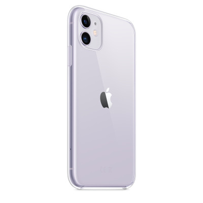 Bezbarwne etui Apple Clear Case na jasnofioletowym iPhone 11, widok z tyłu prezentujący wyspę aparatów, logo Apple oraz oznaczenia certyfikatów na dole.