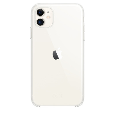 Przezroczyste etui Apple Clear Case nałożone na białego iPhone 11, widok na tylną obudowę z charakterystyczną wyspą aparatów oraz logo Apple na środku.
