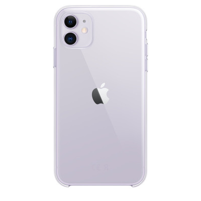 Przezroczyste etui Apple Clear Case na jasnofioletowym iPhone 11, ukazujące tył urządzenia z charakterystyczną wyspą aparatów i logo producenta.