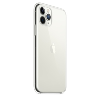 Przezroczyste etui Apple Clear Case na iPhone 11 Pro, widok z tyłu prezentujący potrójny aparat fotograficzny oraz logo Apple na obudowie telefonu.