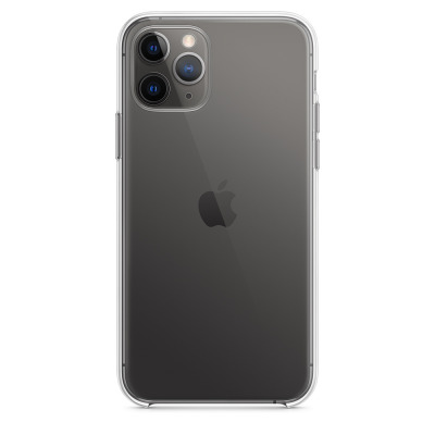 Przezroczyste etui Apple Clear Case nałożone na szarego iPhone 11 Pro, ukazujące tylny panel urządzenia z charakterystyczną potrójną wyspą aparatów.