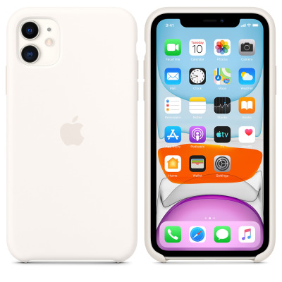 Białe etui silikonowe Apple do iPhone 11, widok na tył z wycięciem na podwójny aparat oraz przód urządzenia z włączonym ekranem i ikonami aplikacji iOS.