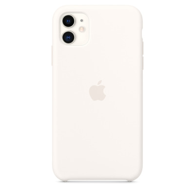 Białe etui silikonowe Apple do iPhone 11 z wycięciem na podwójny aparat, widok na tylną część obudowy z charakterystycznym logo producenta na środku.