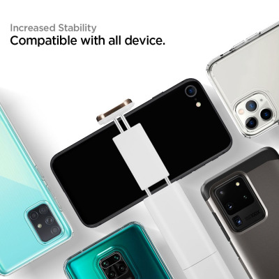 Selfie stick Spigen S550W LED w kolorze czarnym z uchwytem na telefon, otoczony różnymi modelami smartfonów. Napis: Increased Stability Compatible with all