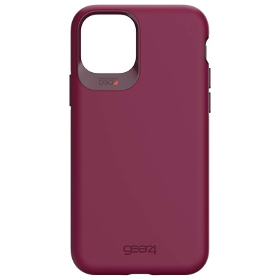Wiśniowe etui Gear4 Holborn do iPhone 11 Pro z wycięciem na aparat oraz widocznym logotypem marki i napisem Protected by D3O na wewnętrznej krawędzi.