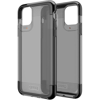 Czarne etui Gear4 Wembley do iPhone 11 Pro Max z przezroczystymi pleckami, widocznym logo D3O oraz wycięciem na wyspę aparatów, ujęcie pod kątem.