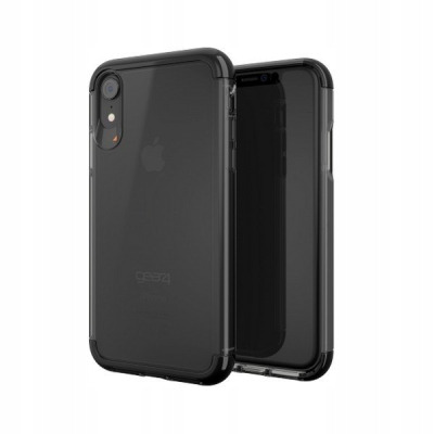 Czarne etui Gear4 Wembley Smokey do iPhone Xr, prezentujące przezroczyste plecki z logo Apple oraz wzmocnione krawędzie wokół wyspy aparatów i ekranu.
