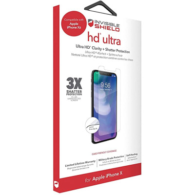 Opakowanie folii ochronnej Zagg InvisibleShield HD Ultra do iPhone X oraz Xs, prezentujące grafikę smartfona z naklejonym szkłem oraz napisy o ochronie.