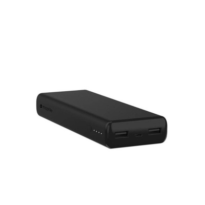 Czarny powerbank Mophie Power Boost XL V2 prezentowany z czterech stron, ukazujący smukłą obudowę, wskaźnik naładowania LED oraz porty USB i micro-USB.