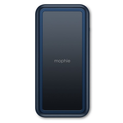Granatowy powerbank Mophie powerstation plus XL podłączony do białego iPhone'a, który wyświetla ikonę ładowania baterii z informacją 75% naładowania.