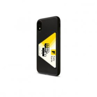 Czarne etui Artwizz TPU Card Case do iPhone Xr z włożoną żółtą kartą Fahr Karte, widok z profilu na tylną część obudowy z wycięciem na aparat.