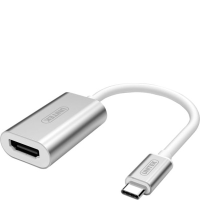 Srebrna przejściówka Unitek z wtykiem USB-C na złącze HDMI, z krótkim białym przewodem łączącym oba wtyki, widoczna na jasnym tle z logotypem marki.
