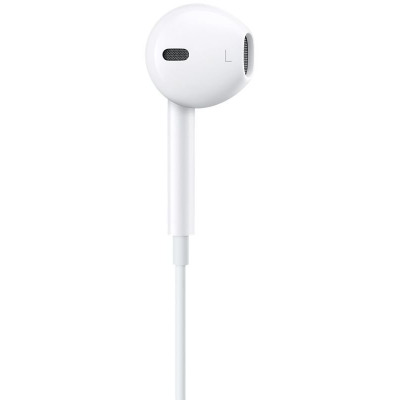 Białe słuchawki douszne Apple EarPods ze złączem Jack 3,5 mm do iPhone, widok z profilu na lewą słuchawkę z wyraźnie zaznaczoną literą L oraz siatką głośnika.