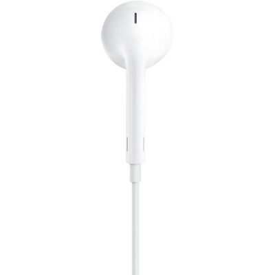 Białe słuchawki douszne Apple EarPods z przewodem, widok z profilu na charakterystyczną konstrukcję z otworem akustycznym oraz złączem Jack 3,5 mm.