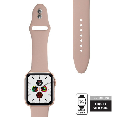 Piaskowy pasek Crong Liquid Band do Apple Watch 44/45/49 mm z widocznym zapięciem typu pin oraz zegarkiem Apple Watch z tarczą pokazującą wtorek 10.