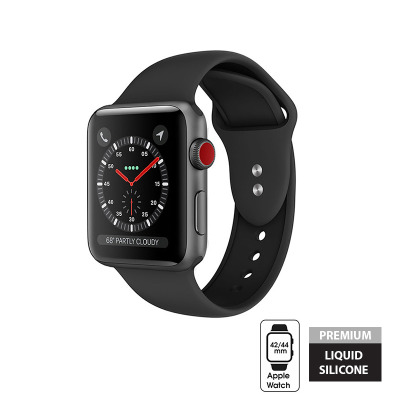 Czarny pasek Crong Liquid Band do Apple Watch 42/44 mm na zegarku z tarczą typu chronograf, widok z boku na kopertę z czerwoną koroną Digital Crown.