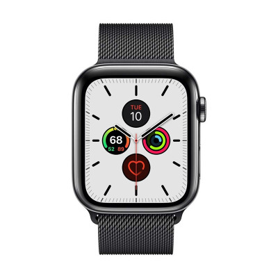 Czarny pasek Crong Milano Steel ze stali nierdzewnej na Apple Watch, widoczny na tarczy zegarka z aktywnym wyświetlaczem pokazującym datę wtorek 10.