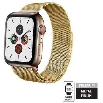 Złoty pasek Crong Milano Steel ze stali nierdzewnej o splocie mediolańskim założony na Apple Watch z kopertą w kolorze złota, widoczna tarcza z datą i ikonami.