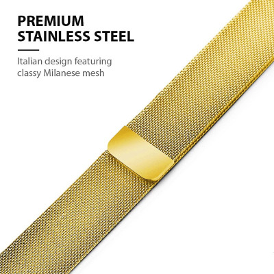Złoty pasek Crong Milano Steel do Apple Watch o splocie typu mediolańskiego z metalową klamrą, widoczny na tle napisu Premium Stainless Steel oraz opisu
