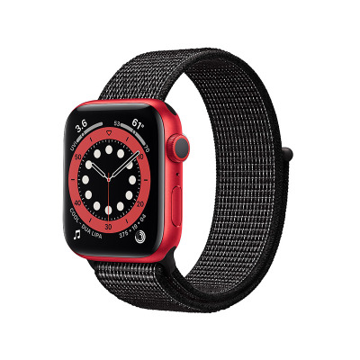 Czerwony zegarek Apple Watch z czarnym paskiem sportowym Crong Reflex Band, widoczny z profilu z tarczą prezentującą dane pogodowe oraz nazwę Cool Dua Lipa.