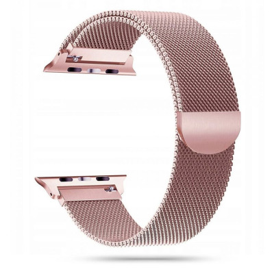 Bransoleta mediolańska Tech-Protect w kolorze różowego złota do Apple Watch 44/45/49 mm z widocznym magnetycznym zapięciem oraz metalowymi mocowaniami.