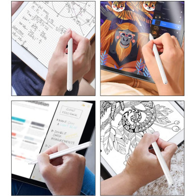 Biały rysik TECH-PROTECT Digital stylus pen do iPad 10.2 używany przez osobę do notatek matematycznych, edycji grafiki z tygrysami oraz szkicowania na tablecie.