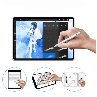 Biały rysik Tech-Protect Digital Stylus Pen używany do rysowania na tablecie Apple iPad, z trzema dodatkowymi ujęciami pokazującymi pisanie i projektowanie.