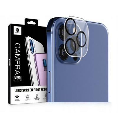 Szkło hartowane na aparat Mocolo do iPhone 12 Pro obok opakowania z napisem Camera Film Pro, prezentujące przezroczystą osłonę na wyspę z obiektywami.
