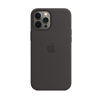 Czarne etui silikonowe Apple z MagSafe do iPhone 12 Pro Max, widok na tył urządzenia z wyeksponowaną wyspą aparatów oraz logo Apple na środku obudowy.