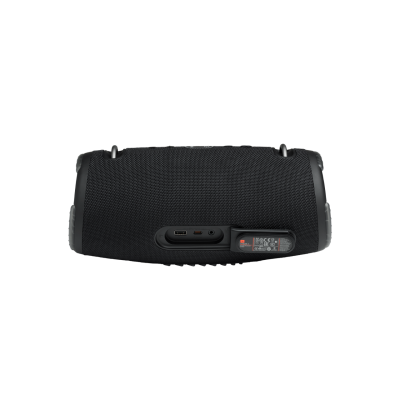 Czarny głośnik JBL Xtreme 3 widziany od tyłu z otwartą klapką odsłaniającą porty USB-A, USB-C oraz wejście AUX, z widocznymi zaczepami na pasek transportowy.