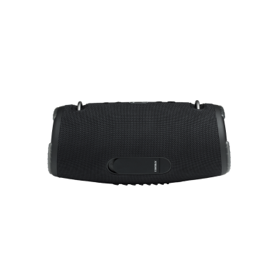 Głośnik JBL Xtreme 3 w kolorze czarnym, widok z góry na obudowę z tekstylnym wykończeniem, metalowymi uchwytami na pasek oraz panelem z napisem XTREME 3.