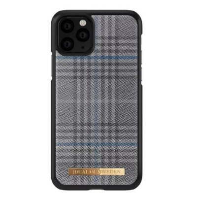 Szare etui iDeal of Sweden Oxford do iPhone 11 Pro z wzorem w kratę, widoczne z przodu, z profilu oraz od strony plecków z logo marki na złotej blaszce.