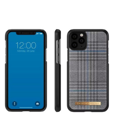 Szare etui iDeal of Sweden Oxford do iPhone 11 Pro z wzorem w kratę, widoczne z przodu, z profilu oraz od strony plecków z logo marki na złotej blaszce.