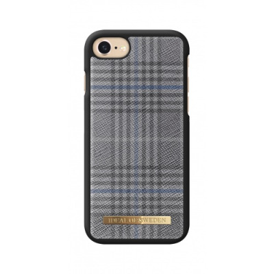 Szare etui iDeal of Sweden w kratę do iPhone 6, 6s, 7, 8 oraz SE 2020 z wycięciem na aparat i złotym logotypem marki umieszczonym w dolnej części obudowy.