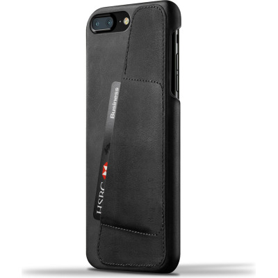 Czarne skórzane etui Mujjo Wallet do iPhone 7/8 Plus z kieszonką na kartę płatniczą HSBC Business, widok na tylny panel z wycięciem na aparat i lampę.
