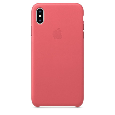Skórzane etui Apple w kolorze zgaszonego różu do iPhone Xs Max, ukazujące tył telefonu z charakterystycznym wycięciem na podwójny aparat i logo Apple.